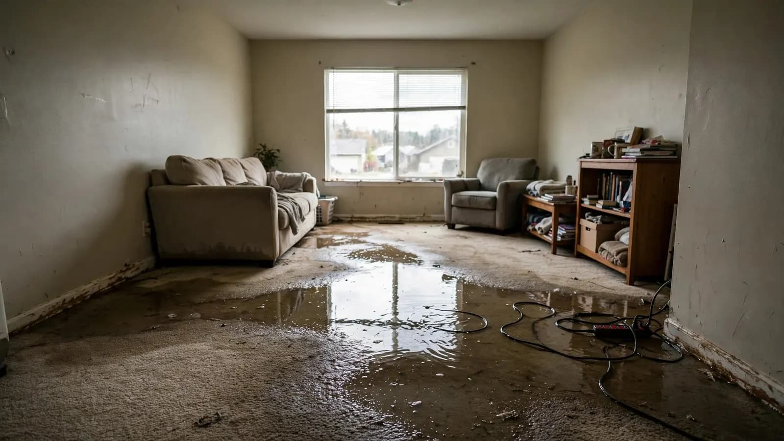 Before: living room flooded with standing water, then dried with new carpet