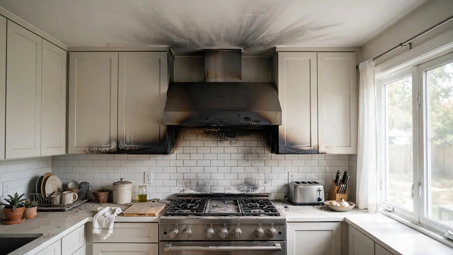Kitchen with a smoke-blackened range hood and soot on the ceiling after a stovetop fire