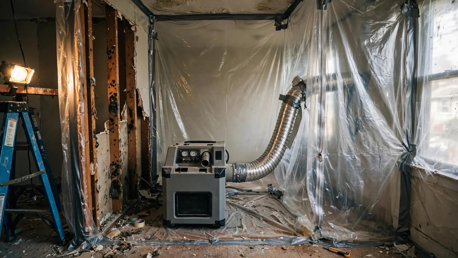 Plastic containment with a zipper door and a HEPA air scrubber during mold remediation