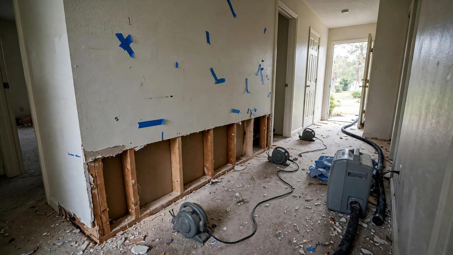 Air movers and a commercial dehumidifier drying walls with the lower drywall removed